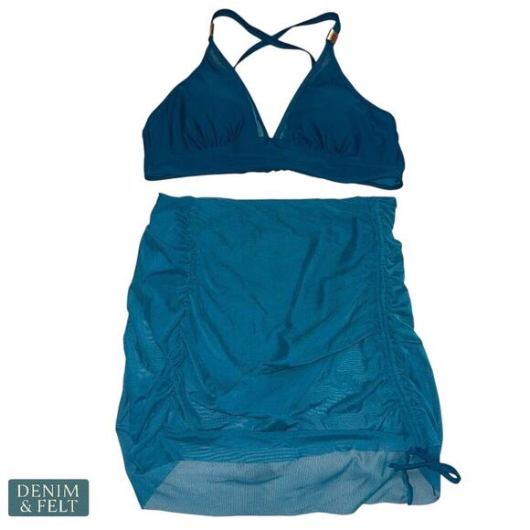 LBJSXJ Teal Mesh Panel Bikini Top & Ruched Sheer Skirt Swim Cover Up Set L NEW - Picture 5 of 14